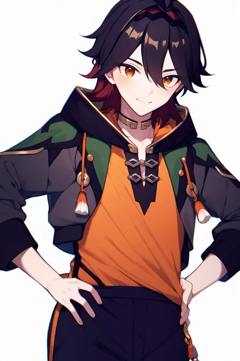 masterpiece, best quality,  <lora:gaming:1>,1boy, male focus, virtual youtuber, solo, multicolored hair, red hair, hands on hips, white background, orange shirt, hood, brown hair, hoodie, black pants, sleeveless, sleeveless hoodie, pants, hairband, simple ...