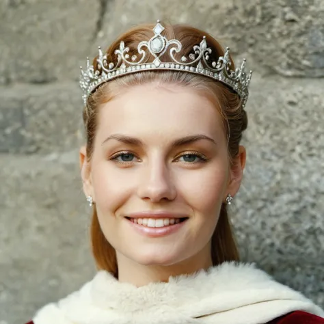 (Skin texture),High quality,Closeup face portrait photo, analog, film grain, actress dressed as a medieval queen with a delicate diamond tiara,regal, bright smile,  <lora:elicuthbert_v2_xl_2_standard_wo_cap-000050:1>