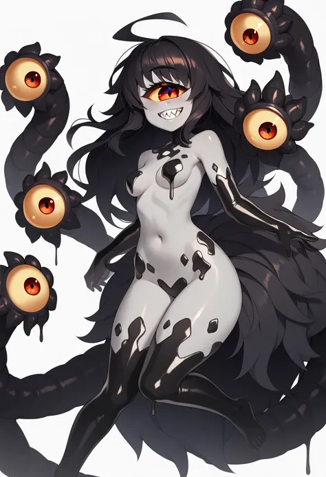 1girl, gazer,black hair,breasts,colored sclera,colored skin,cyclops,extra eyes,full body,grin,long hair,looking at viewer,monster girl,navel,one-eyed,red eyes,sharp teeth,simple background,solo,tail,teeth,tentacles,white background,gray skin,yellow sclera ...