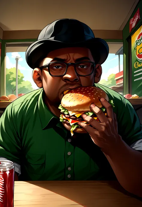 score_9, score_8_up, source_anime, 1boy, solo, male focus, BigSmoke, black eyes, dark-skinned male, facial hair, glasses, black headwear, green shirt, <lora:BigSmoke_XLPD:1>, pov across table, pov, food, burger, coca-cola, eating, eating burger,