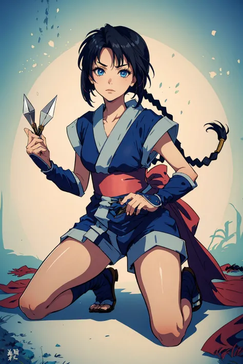 masterpiece, best quality, <lora:MakimachiMisao:1>,
1girl, braid, long hair, solo, black hair, blue eyes, weapon, ninja, japanese clothes, kunai, very long hair, single braid, kneeling,