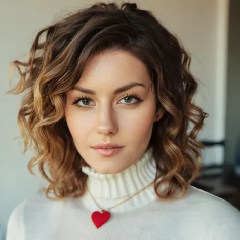 Looking straight at the camera, Film grain, skin texture, Instagram closeup selfie of a woman with beautiful wavy hair wearing a heart necklace,f/1.8,wearing a tutleneck shirt,  <lora:elicuthbert_v2_xl_2_standard_wo_cap-000050:1>