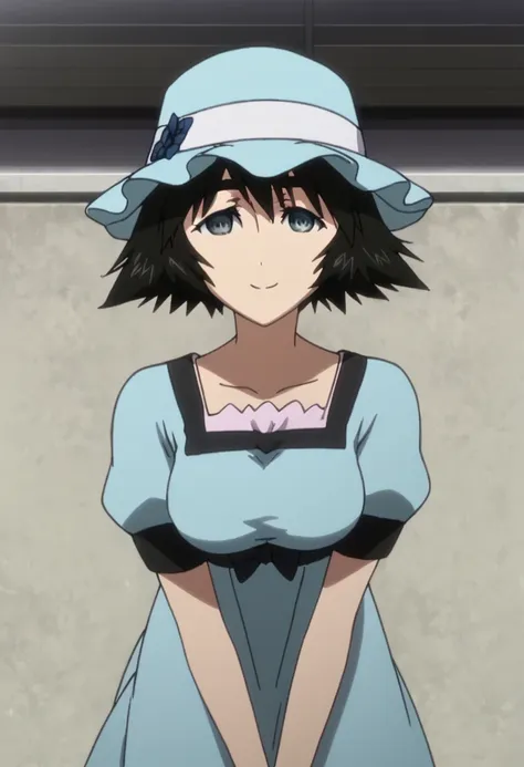 <lora:shiina_mayuri:1> shiina mayuri 1girl, black hair, dress, hat, okabe rintarou, shiina mayuri, short hair, short sleeves, smile