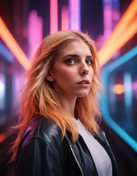 Best quality, cinematic photo centered waist up portrait, a young woman with fiery blond hair. Her face fills the frame, bathed in neon hues, exuding determination and mystery amidst a futuristic backdrop, 35mm photograph, film, bokeh, professional, 4k, hi...