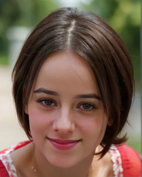 a picture of alizee15 woman , brunette, realistic, photorealistic, detailed skin, surface scattering, bokeh, skin pores,  outdoors,wearing a redblouse,subtle smile,detailed face,  <lora:alizee15 (5):1>