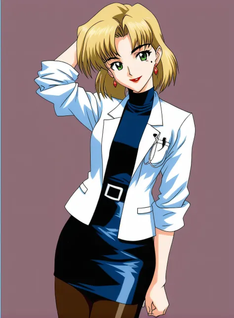 retro artstyle,1990s (style),oldest, <lora:Ritsuko:0.7> Ritsuki Akagi, 1girl,solo,looking at viewer,smile,short hair,bangs,skirt,blonde hair,simple background,shirt,white background,jewelry,green eyes,standing,pantyhose,cowboy shot,earrings,miniskirt,black...