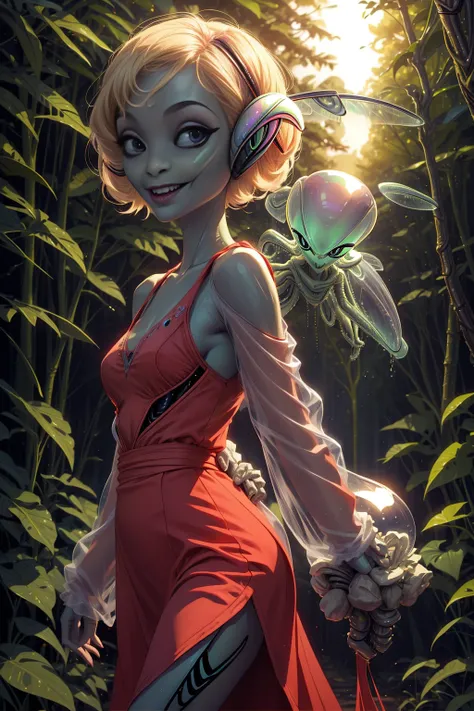 <lora:AlienWorld:1> (AlienWorld:1.15) 1girl ,( short blonde hair:1.2),walking in forest with a long dress, red bra smiling