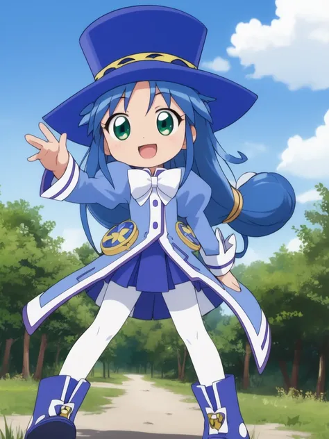 <lora:rein:0.8>,  rein, 1girl, solo, hat, blue hair, top hat, long hair, pantyhose, green eyes, white pantyhose, skirt, smile, open mouth, low-tied long hair, bow, forest, sky,
masterpiece, high quality, very_high_resolution, large_filesize, full color,