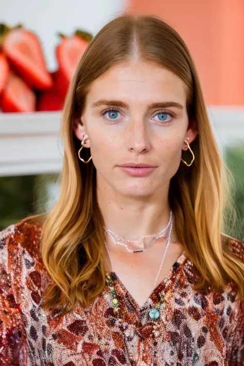 a photo of a woman, looking at viewer, [mole], lips, eyes, [[freckles]], full shot, Strawberry blonde hair,  shocked expression, earrings, necklace,  4k high quality, sharp focus, high resolution, depth of field, indoors, photo background, [[oily skin]]