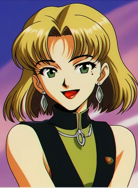 retro artstyle,1990s (style),oldest, <lora:Ritsuko:0.7> Ritsuki Akagi, 1girl,solo,smile,short hair,open mouth,blonde hair,jewelry,green eyes,earrings,sleeveless,mole,mole under eye,