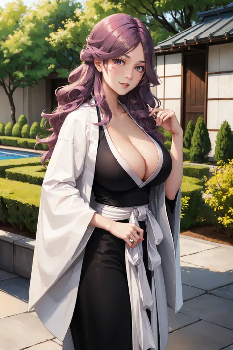 masterpiece, best quality, 1girl,  <lora:kirio-nvwls-v1-000009:0.9> hikifune kirio, facial mark, purple hair, white coat, black robes, cleavage, sash, hakama, large breasts, cowboy shot, smile, from side, garden, japanese architecture, looking at viewer,