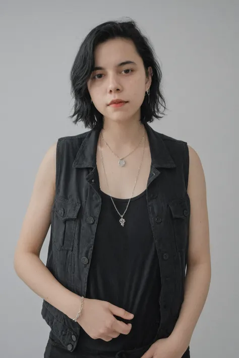 Raw photo, looking at viewer, 18 year old girl, black hair, black tanktop with jacket, necklace, indoors, clear white background, studio setting, ,intricate detail, highlight, volumetric lighting, bokeh, full body shot, captured by Leica 24 SL Type 601