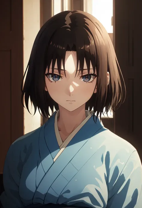 best quality, masterpiece, highres, solo, (ryougi_shiki_karanokyoukai:1.10), 1girl, expressionless, portrait, closed mouth, kimono, black eyes, looking at viewer, blurry, anime_style, 9 <lora:ryougi_shiki_karanokyoukai:0.80>