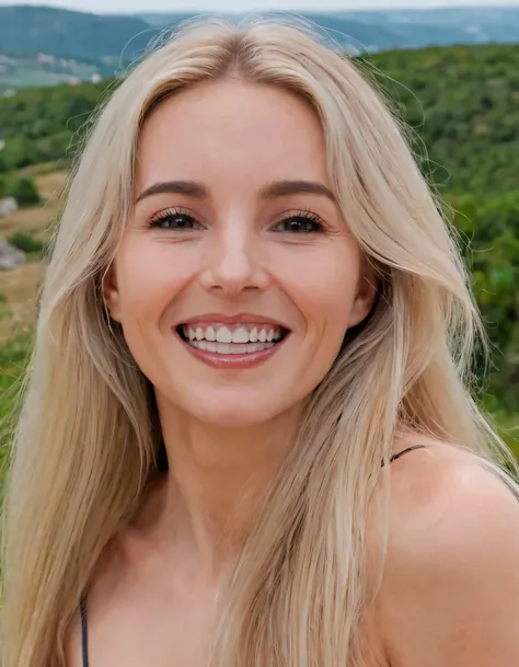 A beautiful woman with long blonde hair, her full body captured in a spontaneous pose amidst the captivating landscape, effortlessly flaunts a charming gaze through parted lips and parted eyes as she smiles showcasing perfect teeth while capturing the esse...