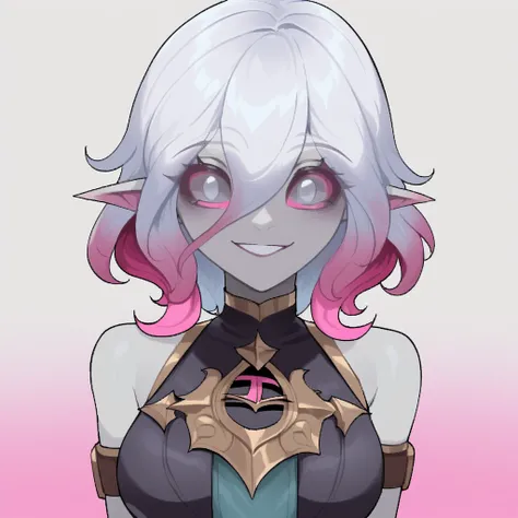 <lora:Briar-20 t:1> <lora:NyantchaV1:1> nyantcha, Briar, league of legends, briar, solo, 1girl, gradient hair, pink sclera, white hair, short hair, multicolored hair, grey skin, colored sclera, silver eyes, pointy ears, hair between eyes, body, smile,