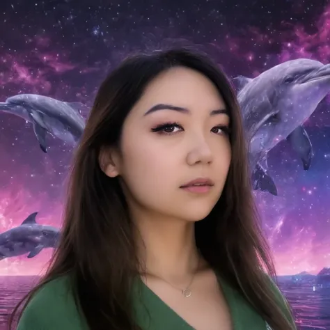 <lora:FanfanSDXL1.0-000005:1> Fanfan, psychedelic style 3d style anime artwork, woman talks telepathically with dolphins, purple space nebula background with  neon pink and green aurora borealis