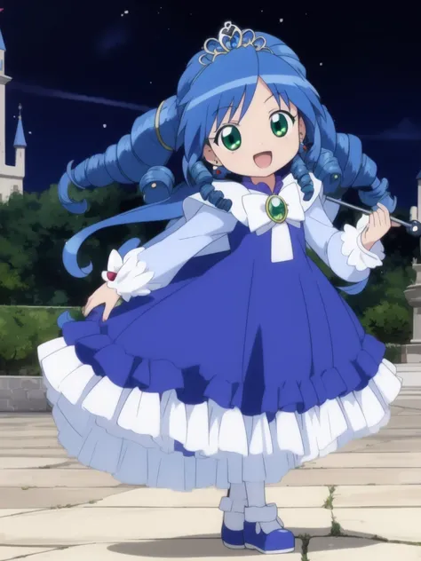 <lora:rein:0.8>,  rein, 1girl, solo, blue hair, dress, smile, full body, jewelry, drill hair, green eyes, tiara, blue footwear, looking at viewer, open mouth, earrings, blue dress, long sleeves, long hair, standing, brooch, shoes, :d, bow, castle_in_the_ro...