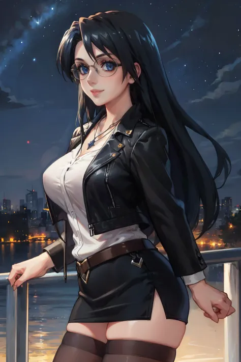 masterpiece, best quality,  <lora:aneharamisa-nvwls-v1-000009:0.8> anehara misa, glasses, necklace, white shirt, black jacket, belt, suit, black miniskirt, white thighhighs, large breasts, from side, looking at viewer, smile, night sky, city