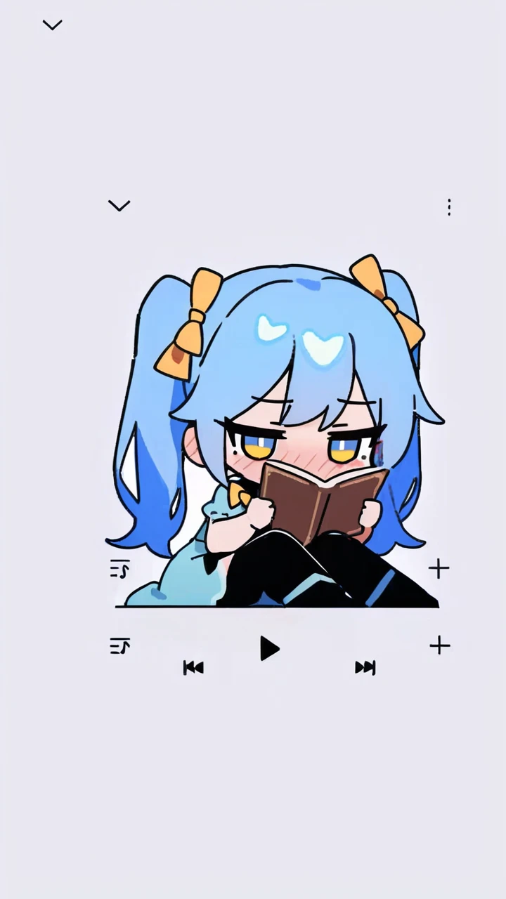 masterpiece, best quality, <lora:mikuoeo-xl-a3.1:1>,1girl, solo, chibi, twintails, book, blue hair, white background, sitting, holding, reading, holding book, simple background, bow, blush, yellow bow, hair bow, open book, dress, blue dress, full body, bla...