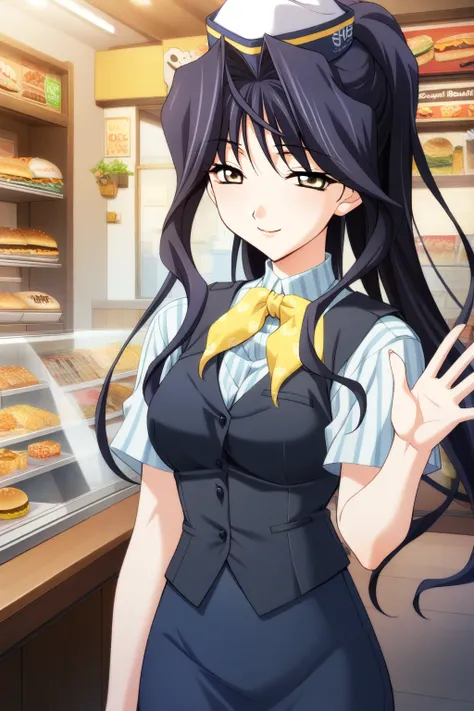 1girl,Amamiya Mizuho,workmizuho,striped short-sleeved t-shirt,vest,yellow bowtie,work hat,ponytail,pencil skirt,masterpiece,best quality,solo,very aesthetic,absurdres,game cg,(detailed beautiful eyes:1.2),(beautiful face:1.2),<lora:AmamiyaMizuhoXL:0.8>,wav...