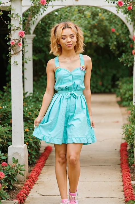 tv_Jojo_Austin_PS , , serene expression, wearing an elegant colorful summerdress, walking through an ornate rose garden, noon, summer, colorful butterflies, cowboy shot, , 8k resolution, highres, high detail, sharp focus, , 8k uhd,