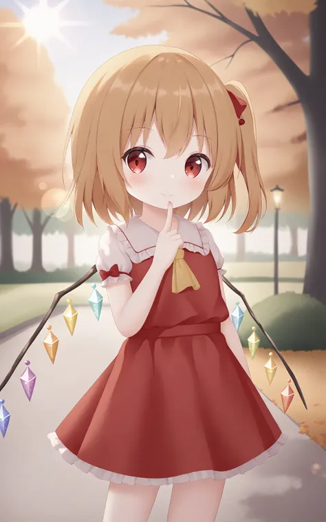 flandre scarlet, standing, park, forest, autumn, lens flare, looking at viewer