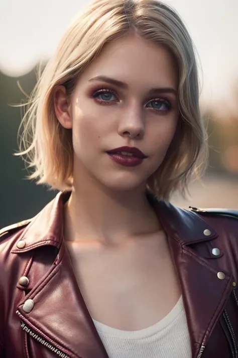 wo_iveb01, young woman, full lips with dark maroon lipstick, artistic makeup, joyful expression with rosy cheeks, glistening eyes, short blonde hair, wearing a leather jacket, (upper body shot:1.2), (soft lighting:1.3), shot on Lumix GH5 (cinematic bokeh, ...