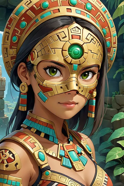 score_9, score_8_up, score_7_up, score_6_up, score_5_up, An environment with Aztec with full face stone eye mask on the woman 25yo, slipstream style