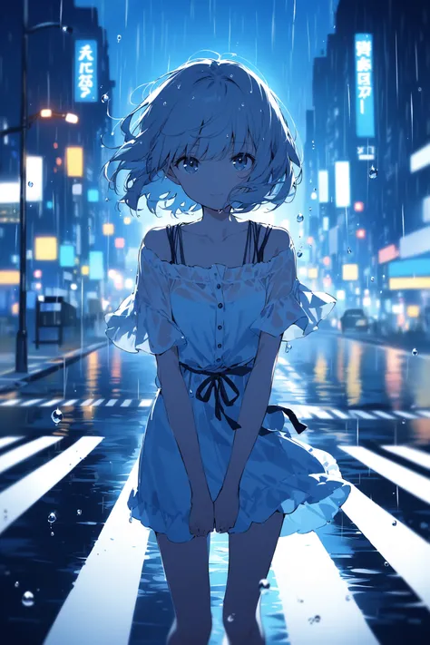 blue theme,cute 1girl, silver short hair, rainy, blurry citylights, pedestrian crossing, summer outfit, melancholy face, water drop,wind,straight-on,looking at viewer,(depth of field:1.2),(foreshortening)