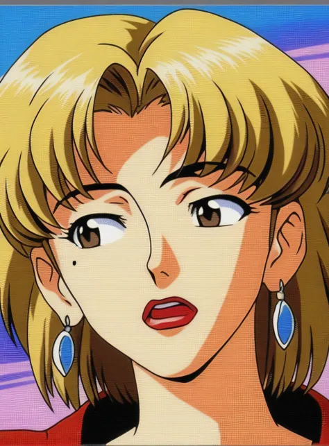 retro artstyle,1990s (style),oldest, <lora:Ritsuko:0.7>Ritsuki Akagi, 1girl,solo,short hair,open mouth,blonde hair,jewelry,earrings,mole,mole under eye,parody,looking down,portrait,