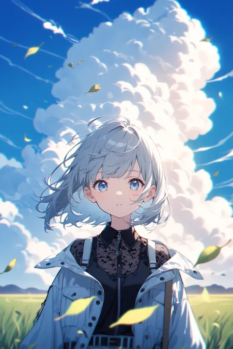 cinematic lighting, cute 1girl, silver short hair, blue eyes, fashionable, trendy outfit, head tilt, straight-on,  chromatic aberration, standing on a vast grassland, beautiful blue sky, cumulonimbus,wind,(upper body),(fluttering leaves),close-up,looking a...