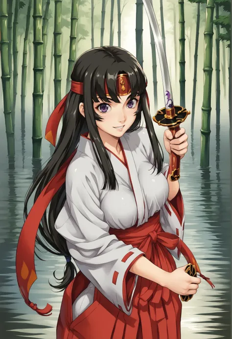 1girl, solo, black hair, long hair, purple eyes, hime cut, headband, japanese clothes, miko, holding weapon, katana, standing, outdoors, bamboo forest, upper body, smiling  <lora:Tomoe XL:1>, score_9, score_8_up, score_7_up, score_6_up, score_5_up, score_4...