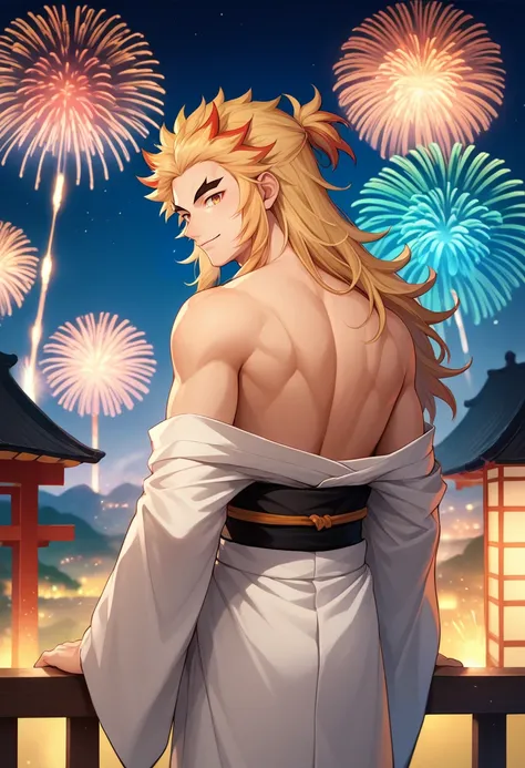 score_9, score_8_up, score_7_up, source_anime, from behind, solo, male focus, 1boy, rengoku kyojuro, smile, looking back, long hair, forked eyebrows, white kimono, off shoulder, black sash, bare shoulders, fireworks <lora:demonslayer_rengoku_ponyXL:1>