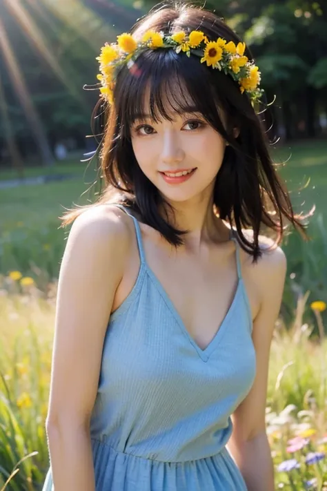 masterpiece,best quality,ultra high res,summerstyle, poolstyle, smile,1girl,upper body, mugglelight, a girl with a flower crown, standing in a sunlit meadow, the warm rays creating a halo of light around her, floral serenity, natural beauty.korean girl,bla...