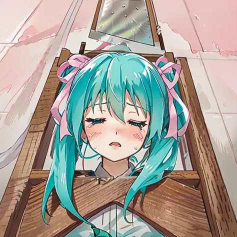 <lora:guillotine:1>,guillotine,1girl,solo,hatsune miku,twintails,closed eyes,bow,face focus,head through board,blush,long hair,aqua hair,tears,hair bow,pink bow,ribbon,hair ribbon,