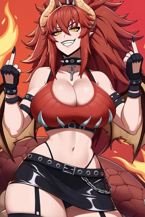 score_9, 
<lora:zentreya_v1_unpruned:1>, zentreya, zendragon, cleavage, red crop top, latex skirt, 
grin, middle finger, looking at viewer, 
digital drawing, 
flames in background, hell themed, 
uncensored, rating_explicit