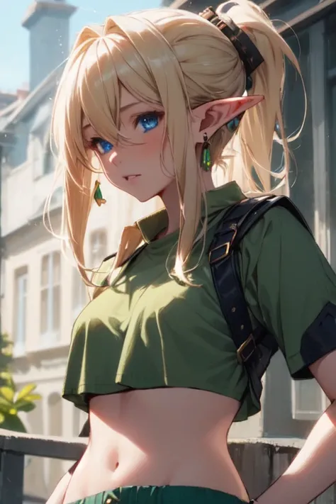 Aeriy, 1girl, solo, long hair, blue eyes, blonde hair, green shirt, navel, hair between eyes, jewelry, ponytail, short sleeves, sidelocks, earrings, pointy ears, midriff, armor, crop top, elf, green pants