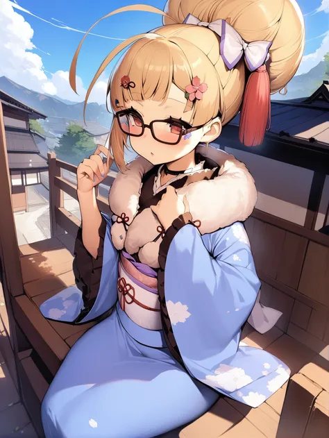 <lora:eldridge_XL_v1.0:1>,eldridge_(azur_lane), blue_kimono, japanese clothes,hair bow, glasses, single hair bun, fur_trim, obi, wide_sleeves,outdoors, day,sitting,, masterpiece, best quality,