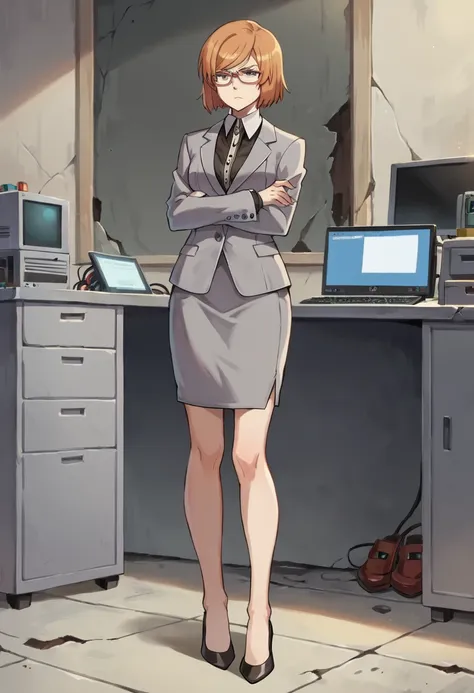 score_9,score_8_up,score_7_up,source_anime,anime_screenshot,1girl,preserica, <lora:Presericapony:0.9>,solo,full body,glasses,crossed arms,Formal,suit,grey jacket,grey skirt,high heels,in underground bunker,stern face,in office,concrete,computer monitors