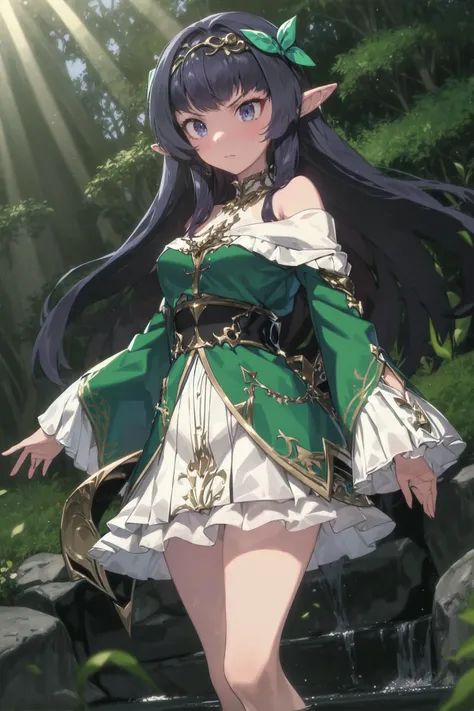 absurdres, high detail, uhd, deep forest, light rays, morning glow, 
standing, expressionless, angry, aerokinesis, wind effects
curren, elf, circlet, gem, green bow, pointy ears, green dress, halterneck, off shoulder, long sleeves, wide sleeves, frills, go...