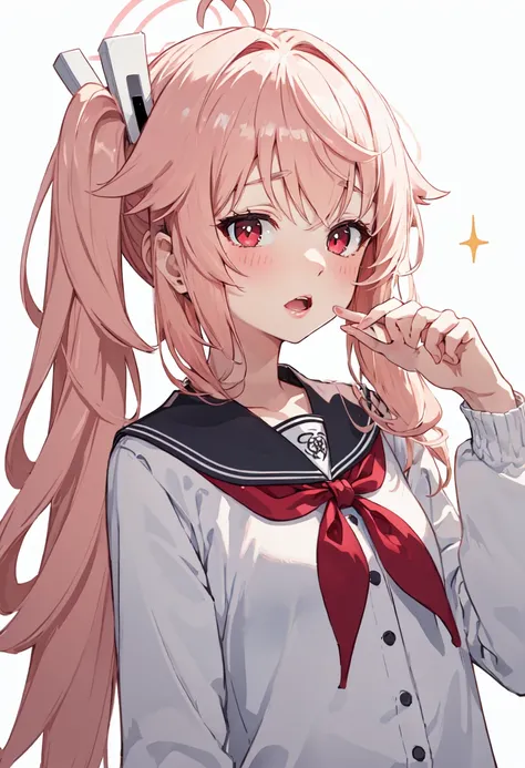 best quality, masterpiece, highres, solo, (natsu_bluearchive:1.10), 1girl, blush, long sleeves, red neckerchief, serafuku, upper body, black sailor collar, looking at viewer, simple background, white background, open mouth, parted lips, sparkle, white card...