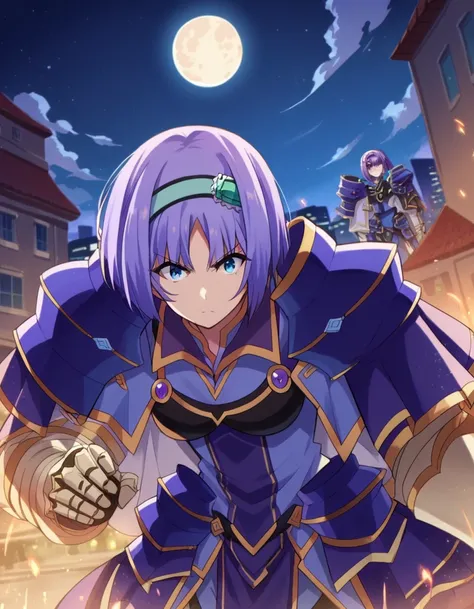 score_9, score_8_up, score_7_up, source_anime,
shadowannerose, <lora:shadow-annerose-ponyxl-lora-nochekaiser:1>,
annerose, short hair, blue eyes, purple hair,
hairband, armor, shoulder armor, gauntlets, blue hairband,
outdoors, cityscape, night, moon, figh...