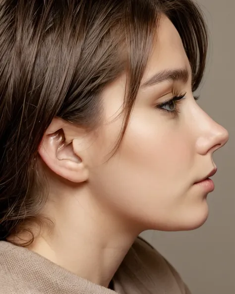 a close up of a woman with a brown sweater and ear piercings