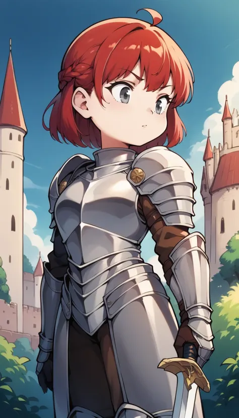 score_9, score_8_up, score_7_up, score_6_up, score_5_up, source_anime,  1girl, solo,  red hair, grey eyes, full metal armor, female knight, standing, holding sword, holding, outdoors, sky, sunny, castle in the background,<lora:HarvestStyleV1_PonyXL:1>