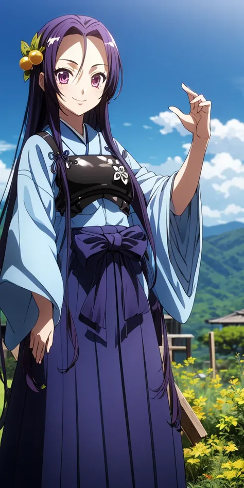 nobuna-akechi ,1girl ,solo,long hair ,japanese clothes ,armor,skirt ,hakama ,hakama skirt ,low-tied long hair ,blue hakama ,<lora:nobuna-akechi:1> <lora:add_detail:0.45>,clear skies,smile,deep in the mountains, (masterpiece), (best quality), (ultra-detaile...