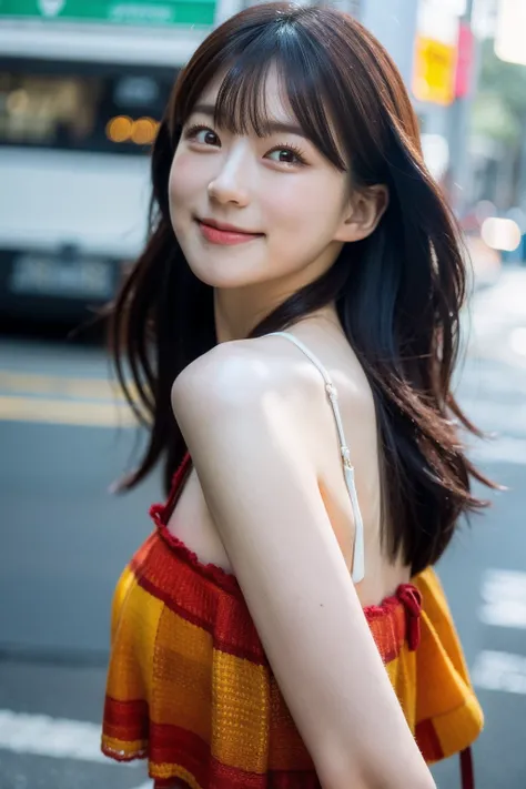 Best quality, masterpiece, ultra high res, (photorealistic), raw photo,1girl, skinny, upper body,solo, realistic, looking at viewer, long hair, bokeh background, city streets,brown eyes, bohemian dress,  <lora:makina69_gayooii_v1.0:1>, smile, closed mouth