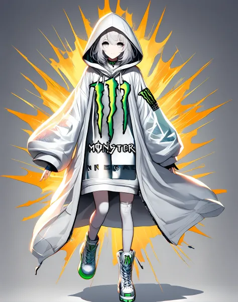 1girl, (solo:1.5), hood, (hood up:1.5), (light grey hair:1.5), (light grey eyes:1.5), light grey skin, looking at viewer, white robe, full body, transparent boots, wearing shoes
 <lora:monenaishou_xl_v1:1>, monenaishou