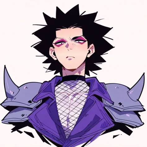 score_9,score_8_up,score_7_up,score_6_up,score_5_up,score_4_up, solo, Closesecond, purple vest, sleeveless, shoulder armor, red eyeshadow, black hair, choker, black choker, fishnet