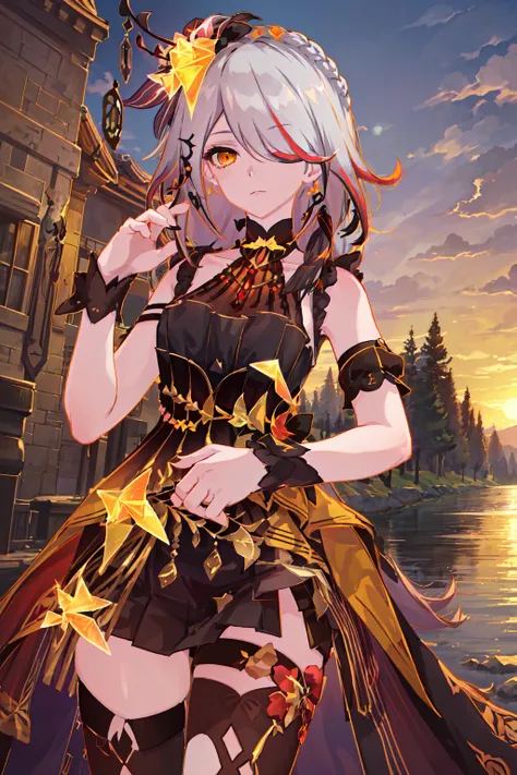 (masterpiece, top quality, best quality, official art, beautiful and aesthetic:1.2),extreme detailed,(fractal art:1.3), 1girl,  <lora:Fu Hua(CoC)_v2:0.95>, evening dress, hair ornament, hair over one eye, multicolored hair, black thighhighs, wrist cuffs, c...