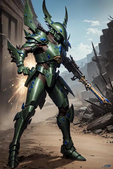 masterpiece, best quality, high quality, highly detailed, extremely detailed, fine detail, absurdres, ultra high res, highly detailed skin,
<lora:Wraithguard:0.6> wraithguard, holding a rifle with both hands, giant, broad shoulders,
(explosions, outdoor, b...